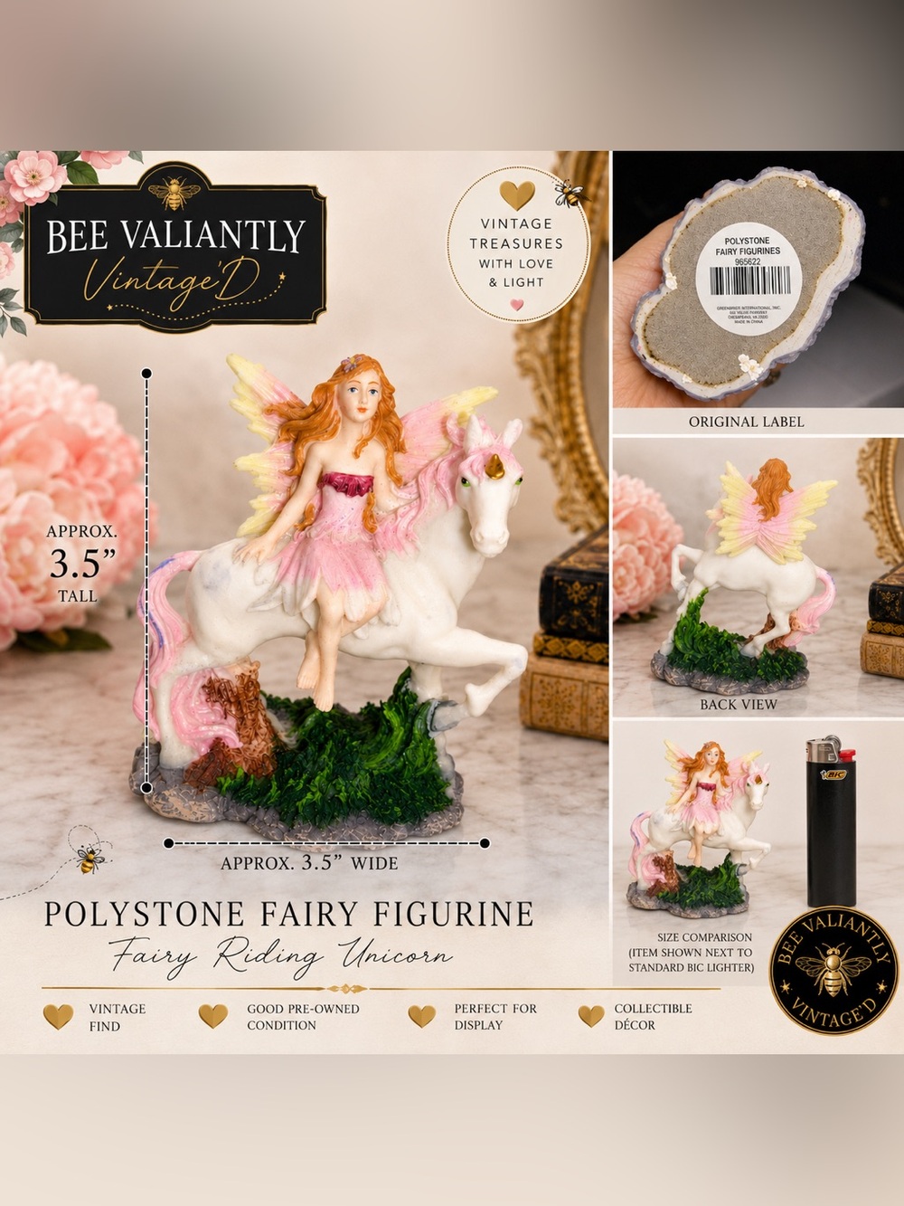 Vintage Fairy Riding Unicorn Polystone Figurine Fantasy Collectible Decor